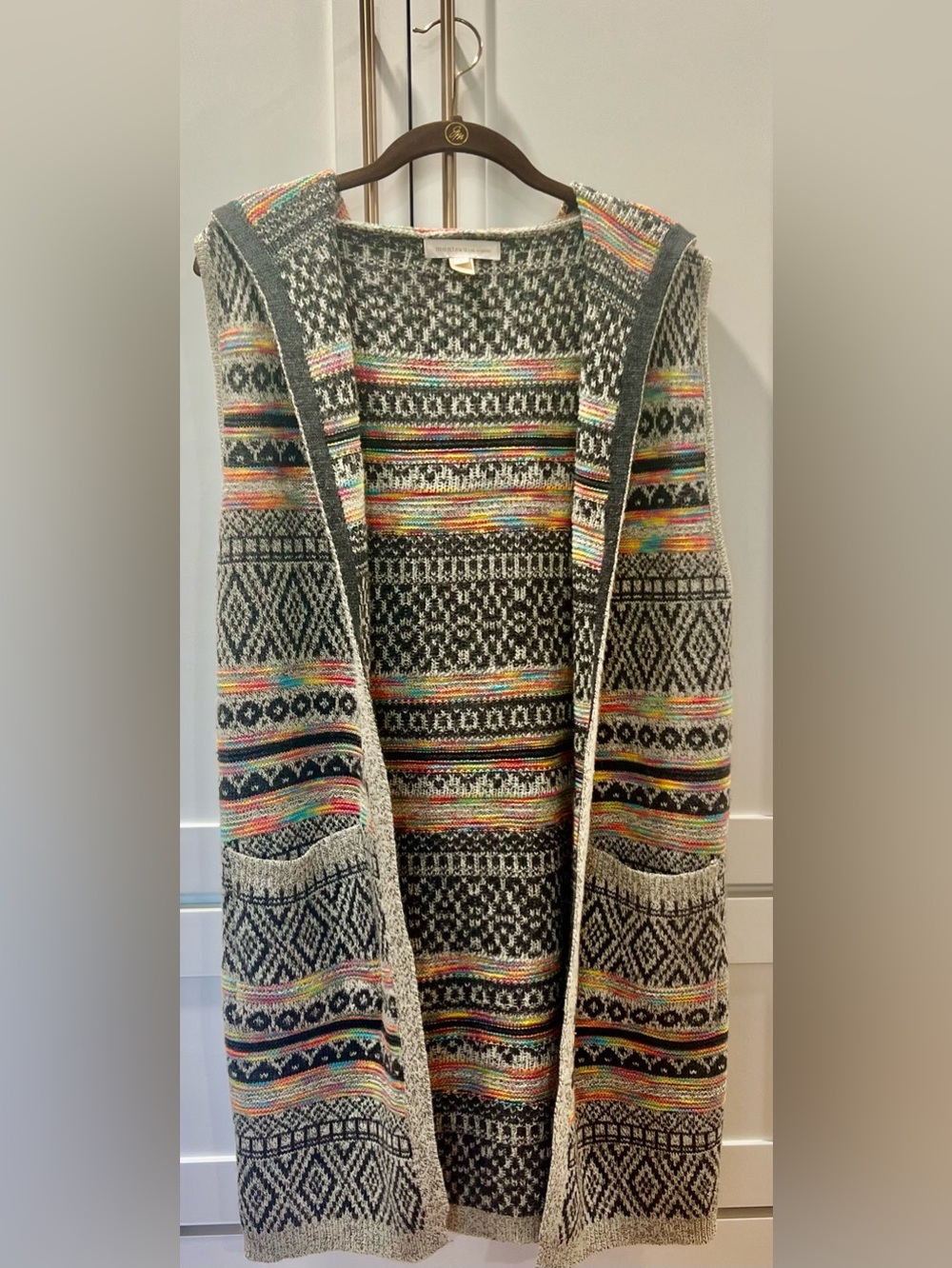 Monteau Los Angeles Fair Isle Aztec Hooded Long Sweater Vest Size L